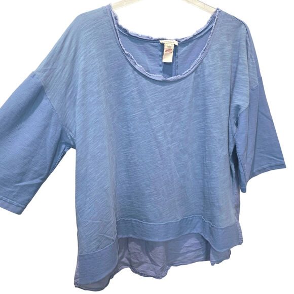 Sundance Mix Media Blouse 3/4 Sleeve Peplem Sz Large Blue Faux Button Back - Picture 4 of 12